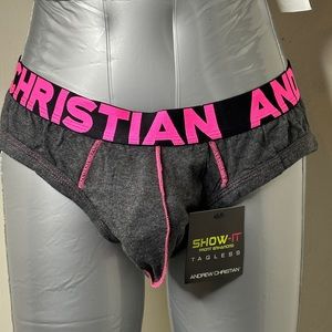 Andrew Christian gray and pink border underwear, size Large